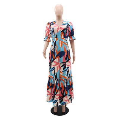 Women's Printed Puff Sleeve V-Neck Ruffle Long Dress