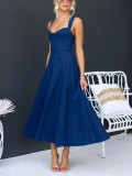 Chic Elegant Solid Slim Waist Strappy Denim Midi Dress