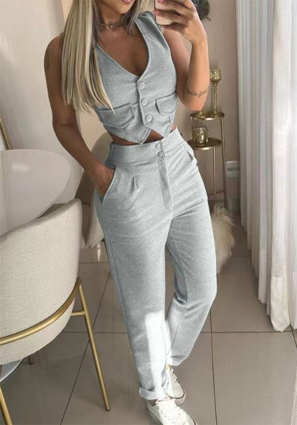 Women's Chic Elegant Solid Color Crop Top High Waist Pants Two-Piece Set