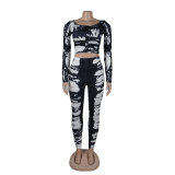 Sexy Printed Slim Fit Stretch Ribbed Two-Piece Pants Set