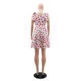 Cherry Print Strap Square Neck Casual Short Dress