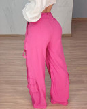 Women Rose Casual Patch Pocket Cargo Pants