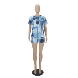 Women Casual Solid printed short-sleeved top and shorts two-piece set