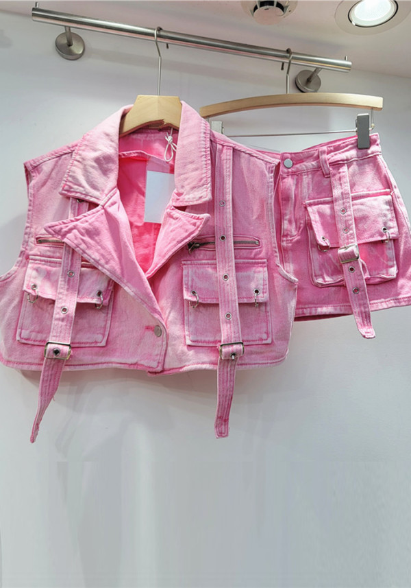 Women Retro Pink Pocket Sleeveless Vest + Cargo Denim Skirt Two-piece Set