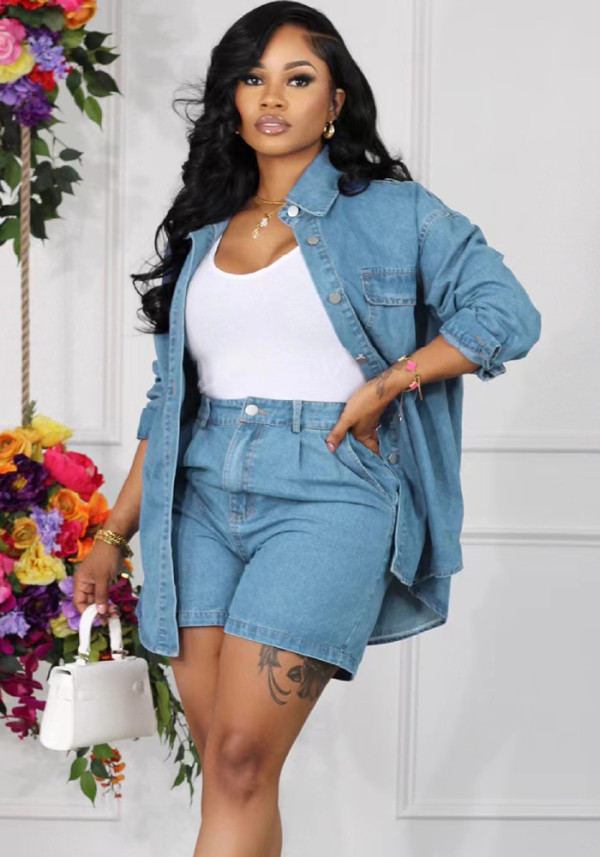 Women Denim jacket and Denim shorts two-piece set