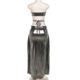 Women Summer Reflective Sexy Sleeveless Chest Covered Backless Top and Slit Tassel Skirt Two-piece Set