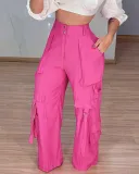 Women Rose Casual Patch Pocket Cargo Pants