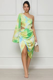 Women Spring/Summer Printed One-Sleeve Casual Maxi Dress