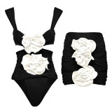 Women's Flower Decoration Hollow Solid Color Sexy One-Piece Swimsuit Skirt Set