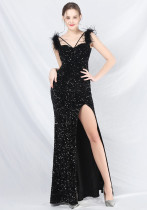 Feather Strap Sequined Long Evening Dress