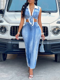 Sexy Women's Summer Turndown Collar Denim Pattern Print Two Piece Skirt Set