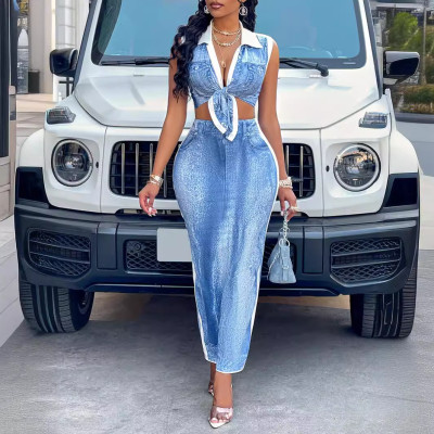 Sexy Women's Summer Turndown Collar Denim Pattern Print Two Piece Skirt Set