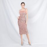 Strap Feather Sequin Midi Evening Dress