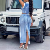 Sexy Women's Summer Turndown Collar Denim Pattern Print Two Piece Skirt Set