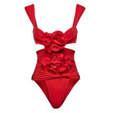Women's Flower Decoration Hollow Solid Color Sexy One-Piece Swimsuit Skirt Set
