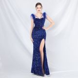 Feather Strap Sequined Long Evening Dress
