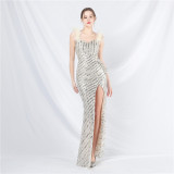 Feather Beaded Side Slit Evening Dress
