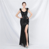 Feather Beaded Side Slit Evening Dress