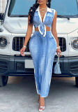 Sexy Women's Summer Turndown Collar Denim Pattern Print Two Piece Skirt Set