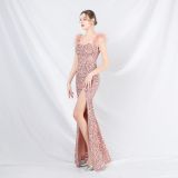 Feather Strap Sequined Long Evening Dress