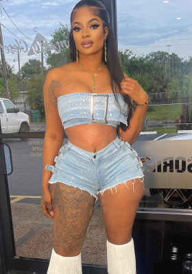 Fashionable Women's Clothing Sexy Strapless Beaded Stretch Two Piece Denim Shorts Set