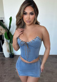 Women Denim Strapless Top and Mini Skirt Sexy Two-piece Set