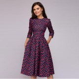 Women Party Vintage Floral Three Quarter Sleeve Round Neck Dress