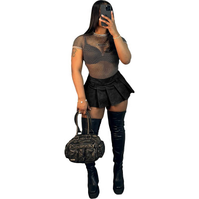 Women Sexy Solid Zipper PU-Leather Pleated Mini Skirt