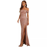 Women Formal Party One Shoulder Glitter Gold Mermaid Evening Dress