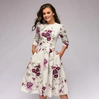 Women Party Vintage Floral Three Quarter Sleeve Round Neck Dress