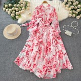 Women French Elegant Chic Tie Bow chiffon Holidays Dress