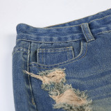 Women American Ripped Washed Loose Denim Straight Pants