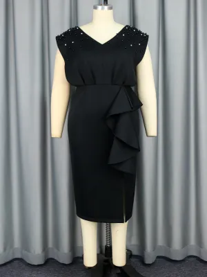 Women v-neck sleeveless beaded Formal Party Dress