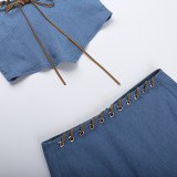 Women Denim Strapless Top and Mini Skirt Sexy Two-piece Set