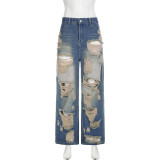 Women American Ripped Washed Loose Denim Straight Pants