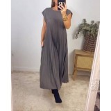 Women Round Neck Sleeveless Pleated Dress