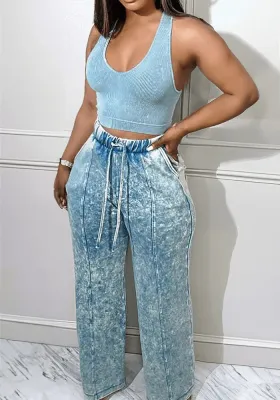 Women Solid Vest and Casual Pocket Pants Two-piece Set