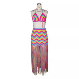 Women sexy crocheted wave pattern fringed beach cover-up dress two-piece set