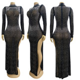 Women sexy mesh irregular slit long sleeve dress