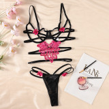 Women Backless Flower Embroidery See-Through Hollow Sexy Lingerie Two-piece Set