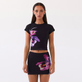Women summer short-sleeved printed Top and Skirt two-piece set