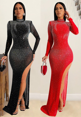 Women sexy mesh irregular slit long sleeve dress