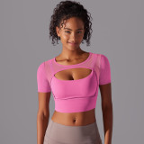 Solid Color Mesh Patchwork Sexy Short-Sleeved Strap Bra Top Running Fitness Yoga Wear