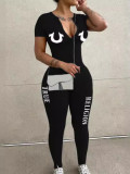 Fashionable One-Piece Women's Long Sleeve Letter Print Short Sleeve Jumpsuit