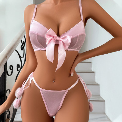Fashionable And Cute Bow Lace-Up Fur Ball Sexy See-Through Mesh Sexy Two-Piece Lingerie Set