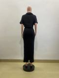 Spring Fashion Casual Black Short Sleeve Crop Shirt Slim Fit Skirt Two Piece Set