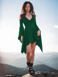 Women's Sexy Deep V Slim Ruffle Sleeve Irregular Dress