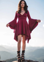 Women's Sexy Deep V Slim Ruffle Sleeve Irregular Dress