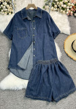 Summer Loose Short-Sleeved Denim Shirt Wide-Leg Shorts Casual Trendy Two-Piece Set