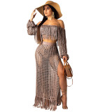 Summer Hollow Sexy Fashion Mesh Tassel See-Through Two-Piece Skirt Set